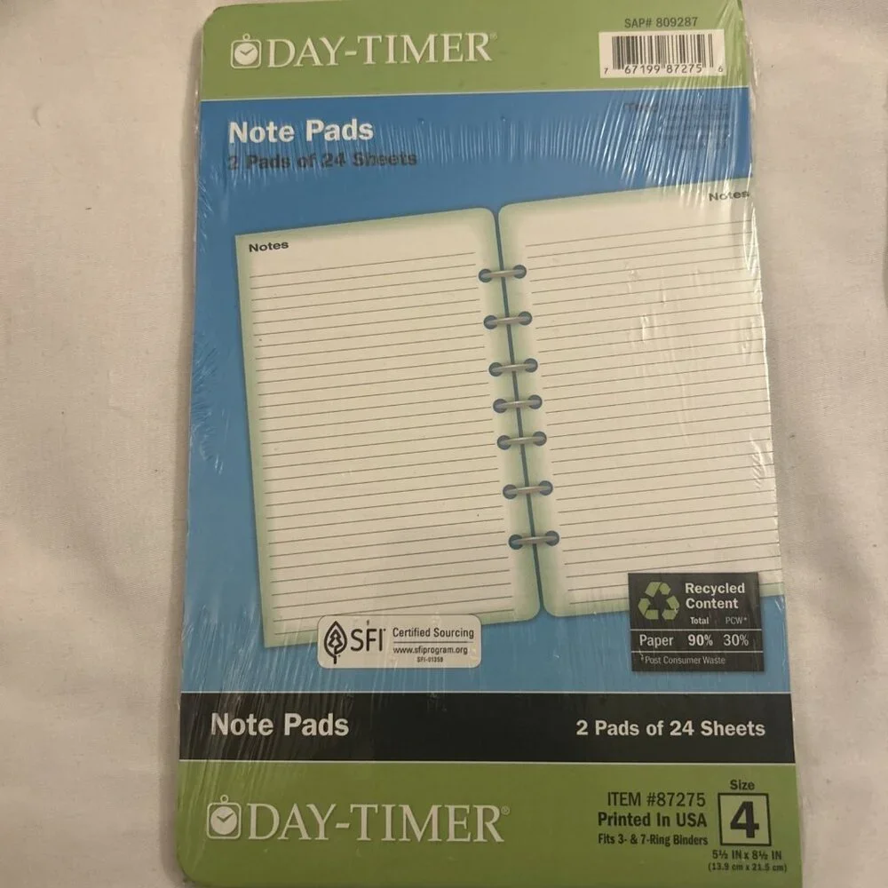 Day-Timer Note Pads 2 Pads Of 24 Sheets #87275 Fits 3 & 7 Ring Size 4 New Sealed